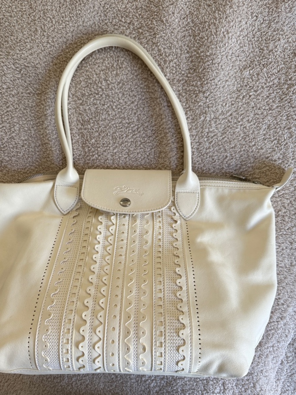 Longchamp Le Pliage Cuir Small Leather Ivory with Decorative Detail
